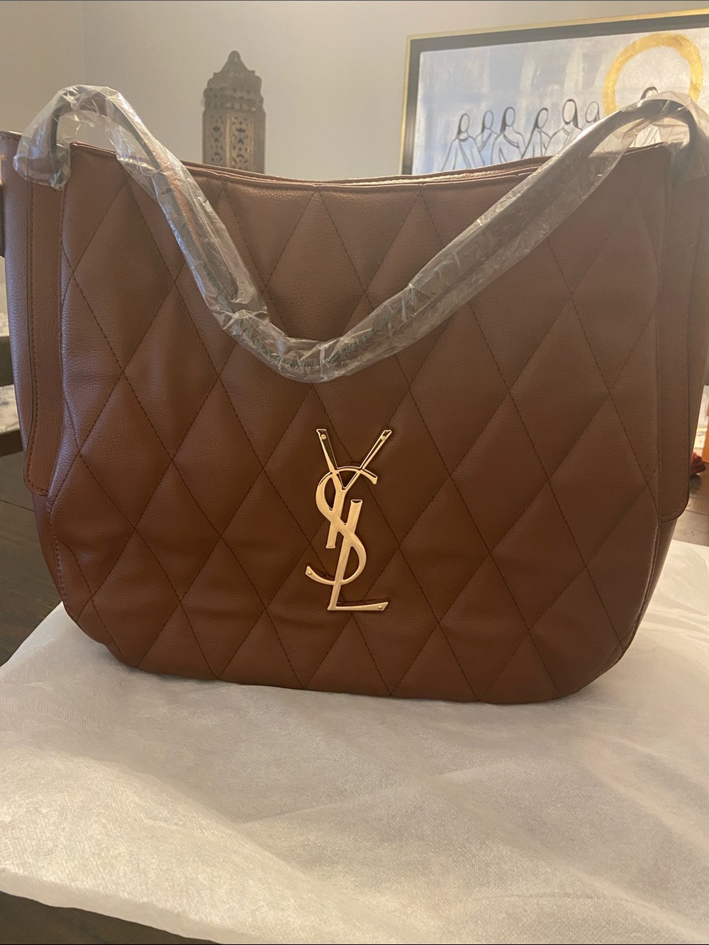 Quilted Brown Leather Shoulder Bag with Gold Logo